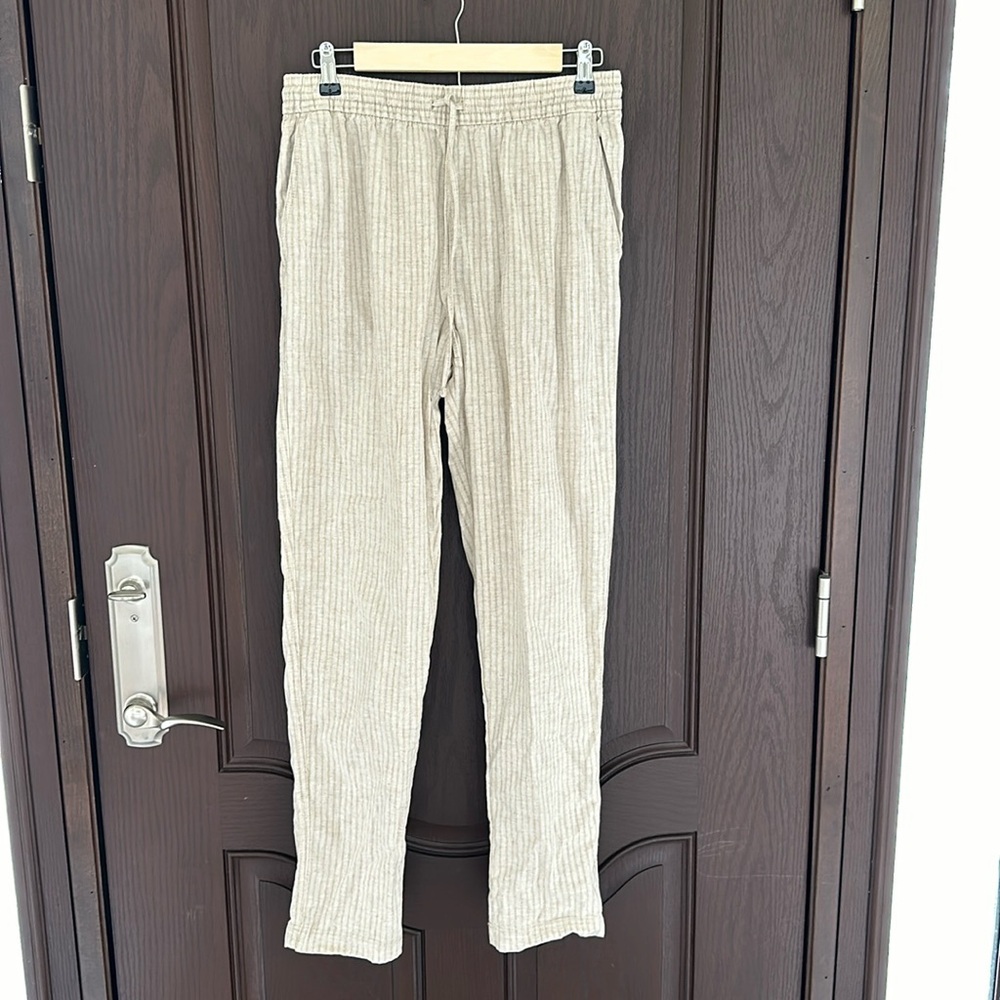 H&M Linen Blend Drawstring Pants Beige Relaxed Straight Leg Pants Women Size S